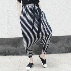 Women Black & White Stripe Drop Crotch Harem Pants Trousers Elastic Waist Loose - Picture 1 of 10