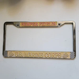 Semper Fidelis US Marine Corps Silver Yellow Metal License Plate Frame Cars SUV - Picture 1 of 2