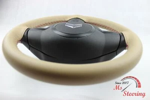 FOR FORD FUSION 13-13 BEIGE LEATHER STEERING WHEEL COVER PURPLE STIT - Picture 1 of 6