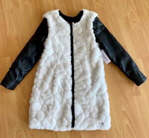 $145 GUESS Girls White Faux Fur Leather Black Sleeves Long Jacket Coat sz 8 NEW