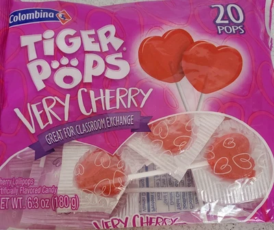 Very Cherry Heart Shape Tiger Pops 7 Oz Bag Valentines Day Lollipops-NEW-SHIP24H - Image 1 of 4
