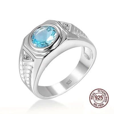925 Sterling Silver Vintage Luxury Light Blue Zircon Gemstone Ring for Men - Image 1 of 4