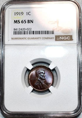 NGC MS-65 BN 1919-P Lincoln Cent, lindamente tonificado, joia de roda de carrinho! - Imagem 1 de 2