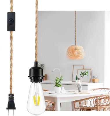 Plug in Pendant Light Cord Kit with 15FT Hemp Rope, Hanging Lamp Plug in Fixture - Image 1 of 4