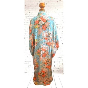 Vintage Blue Silk Multicolor Floral Kimono Wide Slvs Long L XL Japan Open Front - Picture 1 of 6