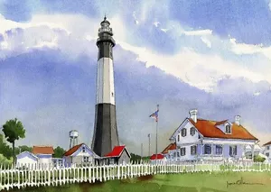 Faro de la isla Tybee, paisaje de Georgia. Tarjetas de notas artísticas de acuarela de James Mann - Imagen 1 de 2