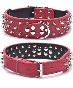 Spiked Studded Dog Collar PU Leather Heavy Duty Medium Adjustable 2in wide Red - Picture 1 of 8