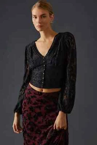 New! XS NWT Anthropologie Black Lace Cutout  "Balloon-Sleeve Blouse" Top $110 - Picture 1 of 10