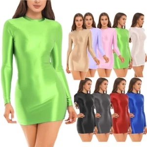 FEESHOW Womens Shiny Glossy Long Sleeve Mini Dress Stretchy Solid Color AU - Picture 1 of 117