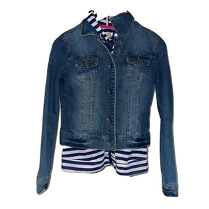 So Jean Hoodie Sweatshirt Jacket Girls Sz Large Denim Striped Sleeves - Picture 1 of 6