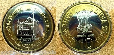 INDIA 10 RUPEE 2008 SIKH BiMetal Gur Ta Gaddi Guru Granth Sahib UNC 10 Coin Lot - Image 1 of 2