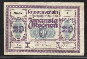 AUSTRIA VIENNA $20 KRONEN EMERGENCY CURRENCY NOTE (VF) FROM 1918 - Picture 1 of 2