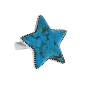 Sterling Silver, Etched Turquoise Star, Genuine Turquoise Ring, Bezel, R52139T - Picture 1 of 2