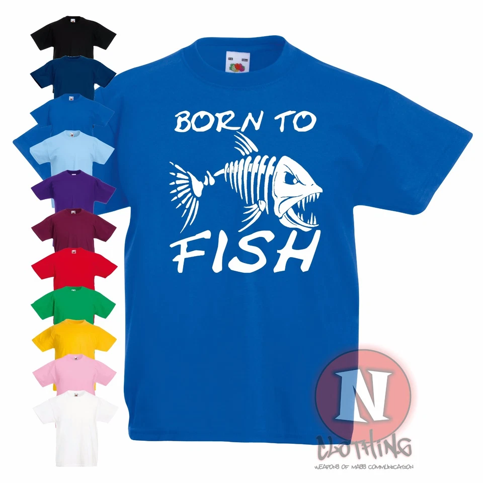 NAUGHTEES CLOTHING Born to fish Kinder T-Shirt 3-13 Jahre Skelett gruselig angeln