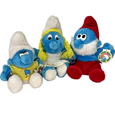 Smurfs 1980’s Applause Papa Smurf  Smurfette And Snappy Plush Toy With Tags VTG - Image 1 of 4
