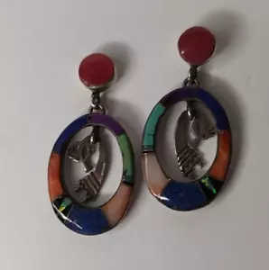 Native American jewelry. Hand-crafted Navajo Kokopelli multi stone earrings. - Picture 1 of 6