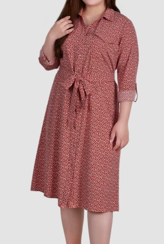 NY Collection Women's Orange White Adjustable Printed Shirt Dress Plus Size 1X - Image 1 of 1