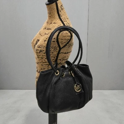 Michael Kors Large Ring Tote Pebbled Black Leather Shoulder Bag Gold MK Charm VG - Image 1 of 4