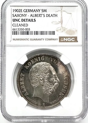1902E ALEMANIA 5 marcos Sajonia Muerte de Alberto UNC Detalles NGC Plata Best seller Foto 1 de 2