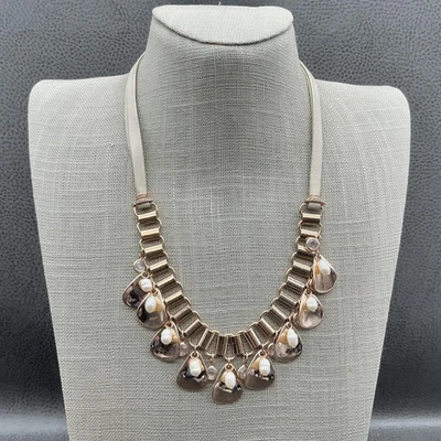 White House Black Market Statement Necklace Rose Gold Tone Faux Pearl Crystal - Image 1 of 4