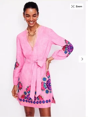 Vestido Boden Cleo Corbata Cintura Lino Puro Rosa/Multi Bordado UK12 Manga Larga Foto 1 de 4