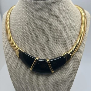 Quality VTG 80s MONET Statement Golden Omega Black Lucite Choker Necklace 18” - Picture 1 of 12