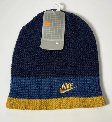 De Colección Nike Tejido Waffle Gorro Bordado Logo Swoosh Azul Amarillo Rayas 2003 Nuevo con Etiquetas Foto 1 de 4