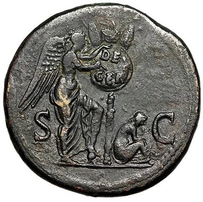 Domitian Sestertius "Victory DE GER Shield, German Captive at Feet" Very Rare - Image 1 of 4