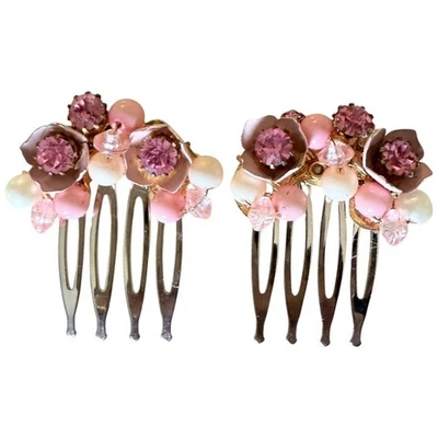 Juego de peines de pelo de cristal floral rosa accesorios románticos nupciales de inspiración vintage Foto 1 de 3