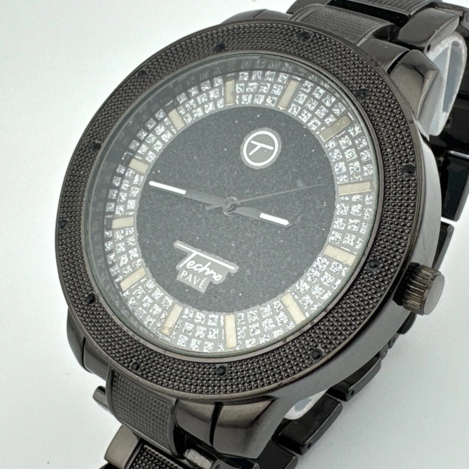 Techno Pave Quartz Watch Men Black Rhinestone Large 55mm Japan Analog New Batter - Image 1 of 4