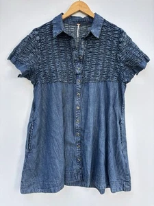 Free People Find Me Now Denim Dress Medium Pleated Chambray - Picture 1 of 6