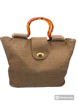 Bolso de Mano Alfombra Vintage Bolso Grande Marrón/Gris Tweed Lucite Asas Bolso de Día Foto 1 de 4