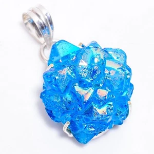 Sky Blue Titanium Druzy Gemstone Jewelry Prong Setting Handmade Pendant 1.8" - Picture 1 of 6