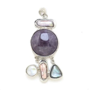 Natural Purple Amethyst Gemstone and Freshwater Biwa Pearls Jewelry Pendant - Picture 1 of 1