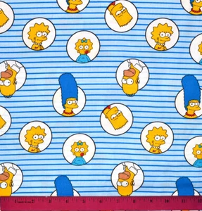 Simpsons Fabric - HALF YARD - 100% Cotton - Homer Bart Marge Lisa Blue Stripes - Picture 1 of 1