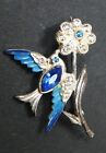 Vintage Costume Jewellery Bluebird On Flower Brooch Silver Tone