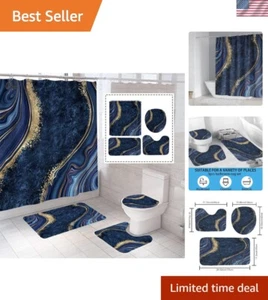 Sophisticated Navy Blue Marble Shower Curtain, Bath Mat & Rug Set - 72x72 Inch - Picture 1 of 9