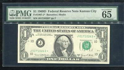 FR. 1907-J* 1969-D $1 ONE DOLLAR *STAR* FRN KANSAS CITY, MO PMG GEM UNC-65EPQ - Image 1 of 2