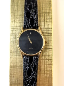Vintage Men’s Quartz Watch Museum Type Black Dial & Diamond Gold Tone, W/ Case - Picture 1 of 11