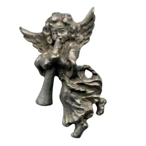 Vtg Angel Pin Brooch Christmas Trumpet Blowing Horn Pewter Tone Costume Jewelry - Picture 1 of 8