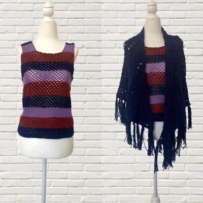 Conjunto de camiseta sin mangas y chal con flecos crochet vintage años 70 - tejido a rayas hippie boho Foto 1 de 4