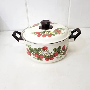 Vintage Enamel Sheffield Strawberry Design Stockpot With Lid - Picture 1 of 9