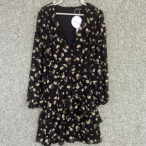 BooHoo Dress Womens 12 Black Floral Mini Ruffle Hem Sheer Balloon Sleeve NWT  - Picture 1 of 14