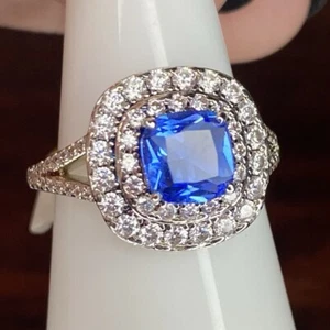 Bomb Party Ring- 2747- Lab Created Light Sapphire- Size 7- Rhodium Plated - Picture 1 of 4