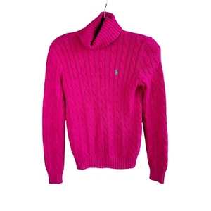 Ralph Lauren Sport Fuchsia Cable Knit 100% Cotton Turtleneck Sweater Size Medium - Picture 1 of 7