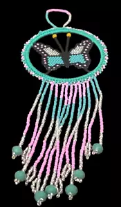 Spirit of Nature Ornament-DREAM CATCHER BUTTERFLY -seed beads-turquoise pink - Picture 1 of 3