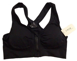 Women's CHJM Zip-Front Sports Bra Wireless Post-Surgery Active Yoga Sports Black - Picture 1 of 5