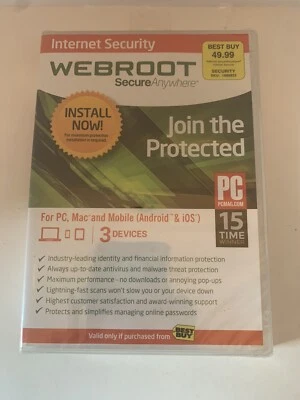 Webroot Secure Anywhere PC/Mac/Mobile Android & iOS-3 Devices Internet Security - Image 1 of 3