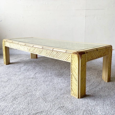 Vintage Boho Chic Faux Bamboo and Reed Glass Top Coffee Table Cover