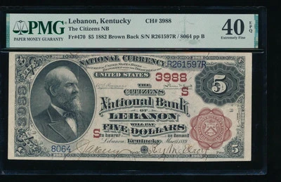 AC 1882 $5 Citizens NB of Lebanon, Kentucky Brown Back Ch #3988 PMG 40EPQ - Image 1 of 2